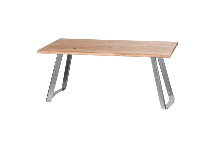 Moderný industriálny jedálenský stôl Live Edge zo z agátového dreva svetlohnedej farby s pieskovanou úpravou a s kovovými chromo