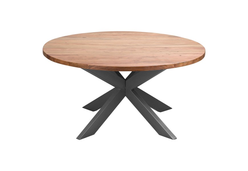 Industriálny kruhový jedálenský stôl Live Edge zo svetlohnedého dreva a s kovovými nohami sivej farby