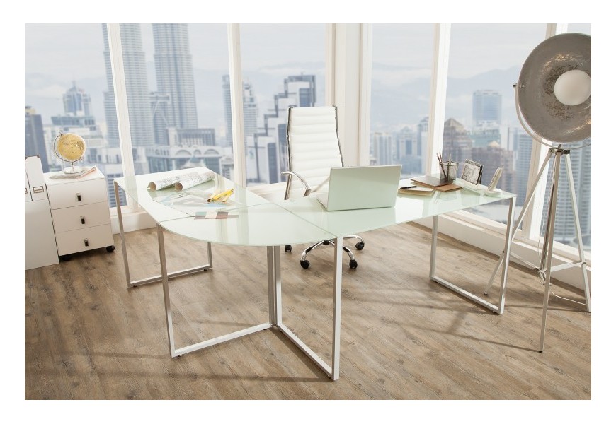 Jedinečný moderný rohový kancelársky stôl Mayer oblúkovitého tvaru zo skla a kovu v bielej chrómovej farbe