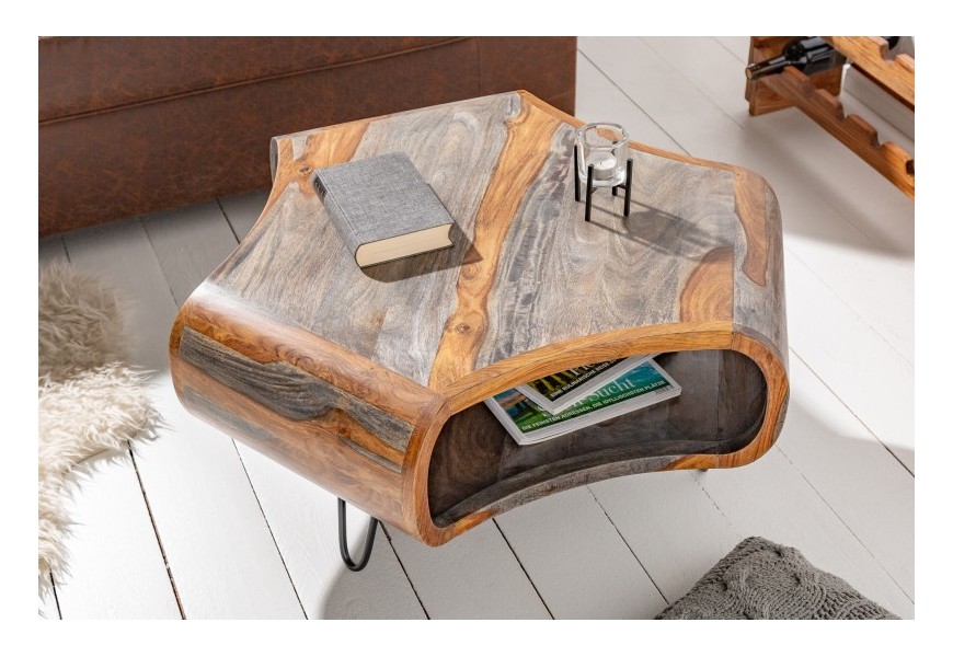 Jedinečný dizajnový konferenčný stolík Spin v retro štýle z masívneho dreva sheesham a s kovovými nohami v sivom prevedení