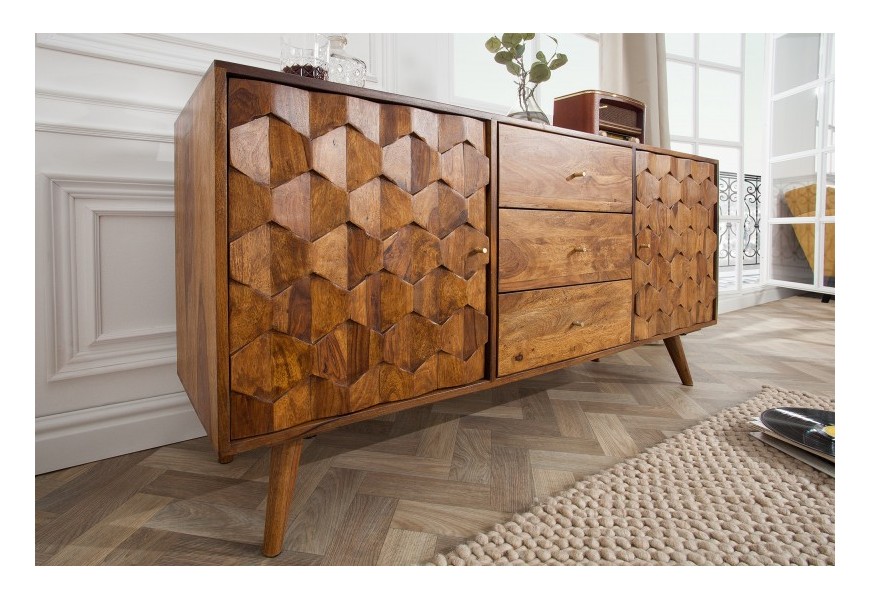 Masívny jedinečný príborník Mozaika agát 145 cm s tromi zásuvkami a dvomi dvierkami hnedá