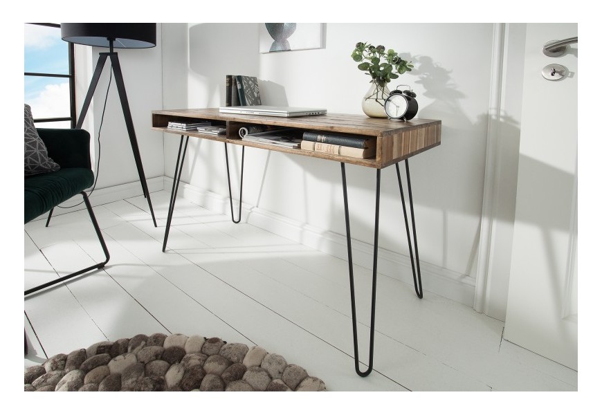 Luxusný retro písací stôl Leeds z masívneho dreva, s dvomi zásuvkami a s nohami z kovu v industriálnom štýle