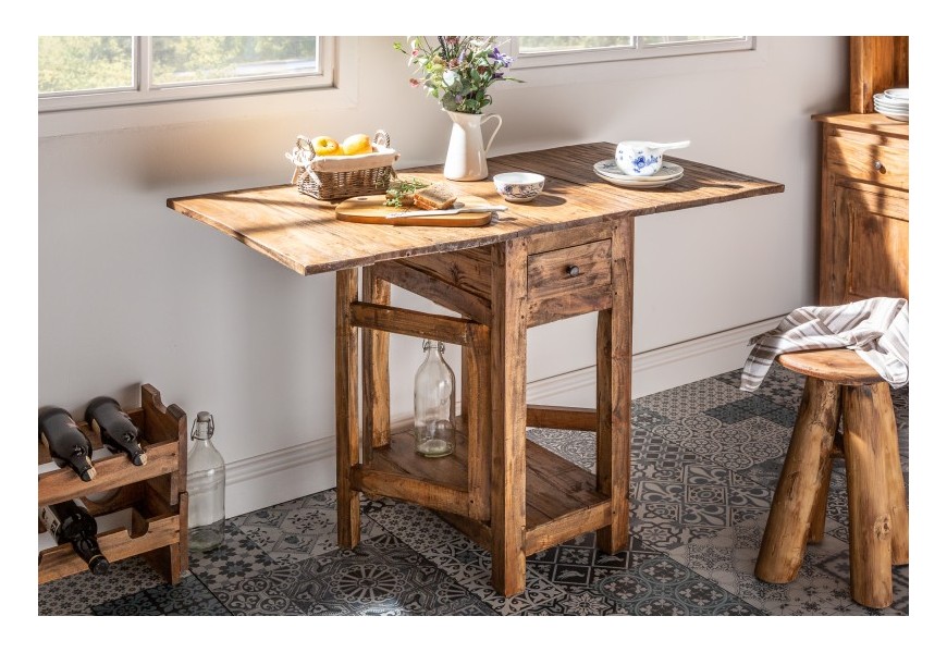 Štýlový vidiecky rozkladací stolík Hemingway z masívneho mahagónového dreva s menšou zásuvkou