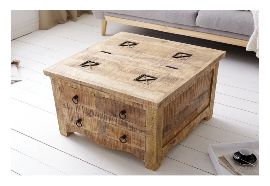 Dizajnový konferenčný stolík Steele Craft z masívneho mangového dreva s úložným priestorom a zásuvkami a s kovovými dizajnovými