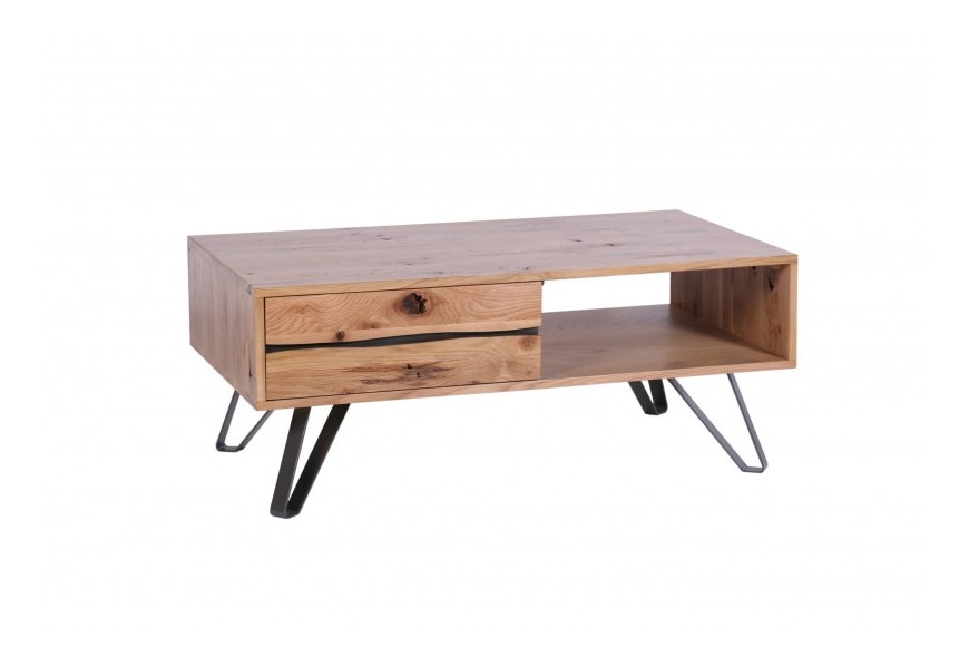 Dizajnový moderný konferenčný stolík Andala z dubového masívneho dreva, s kovovými nohami a s dvomi zásuvkami