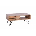Dizajnový moderný konferenčný stolík Andala z dubového masívneho dreva, s kovovými nohami a s dvomi zásuvkami