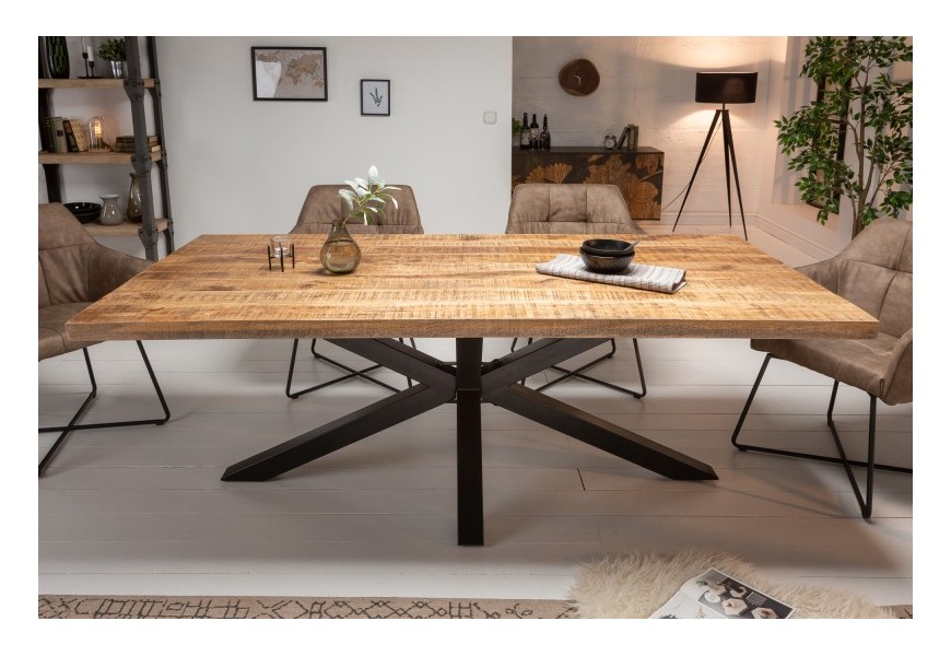 Luxusný masívny jedálenský stôl Comedor v industriálnom štýle z mangového dreva a s kovovou hviezdicovou konštrukciou