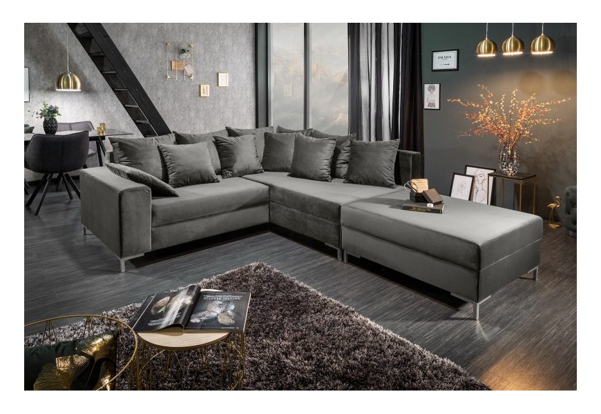 Jedinečná rohová sedačka Alabastra zo sivého zamatu v modernom štýle a s taburetkou