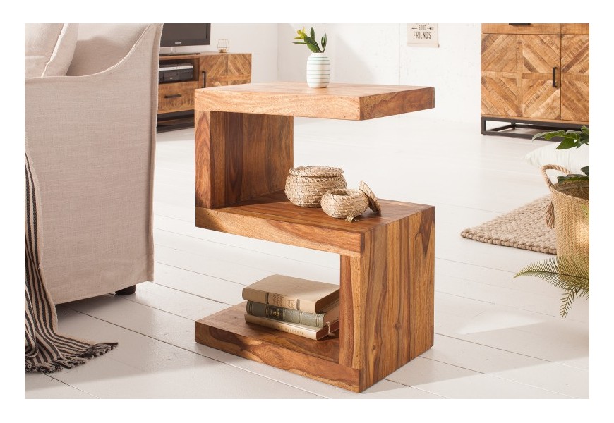 Štýlová masívny príručný stolík Sefina z dreva palisander svetlohnedej farby v tvare S