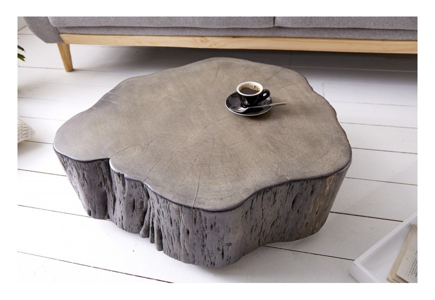 Jedinečný masívny konferenčný stolík Carlotta z kmeňa stromu akácia  v sivom prevedení na koliečkach