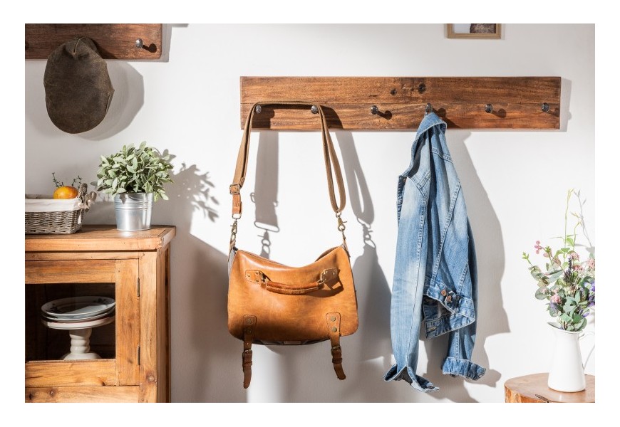Štýlový nástenný vidiecky vešiak Hemingway z recyklovaného teakového dreva so šiestimi kovovými háčikmi