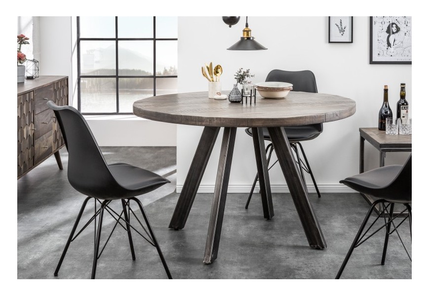 Štýlový industriálny sivý jedálenský stôl  Steele Craft kruhového tvaru z masívneho mangového dreva a s nohami z kovu