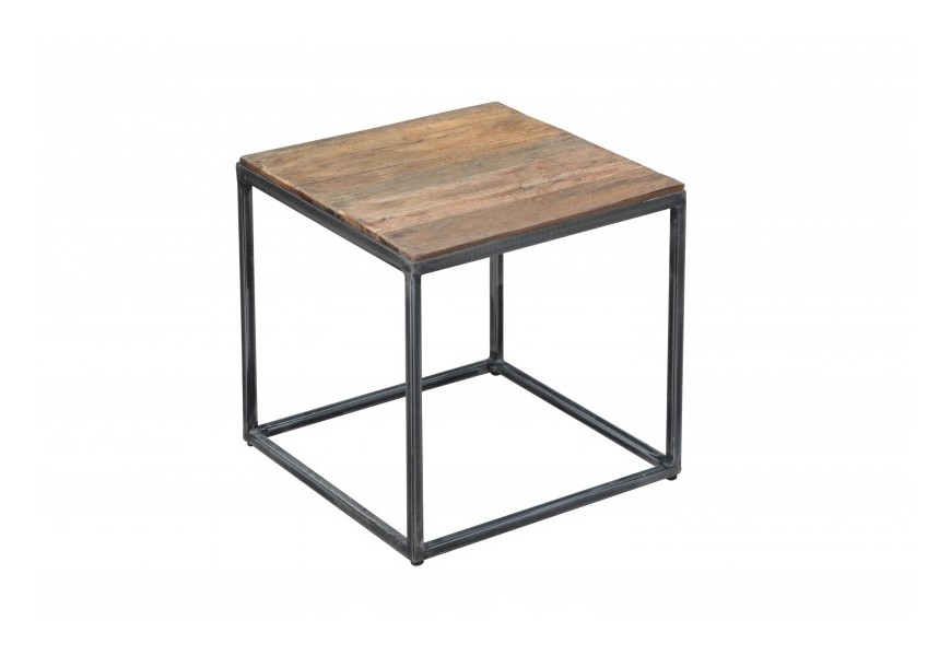 Dizajnový industriálny príručný stolík Cobra z masívneho teakového dreva a s kovovou konštrukciou