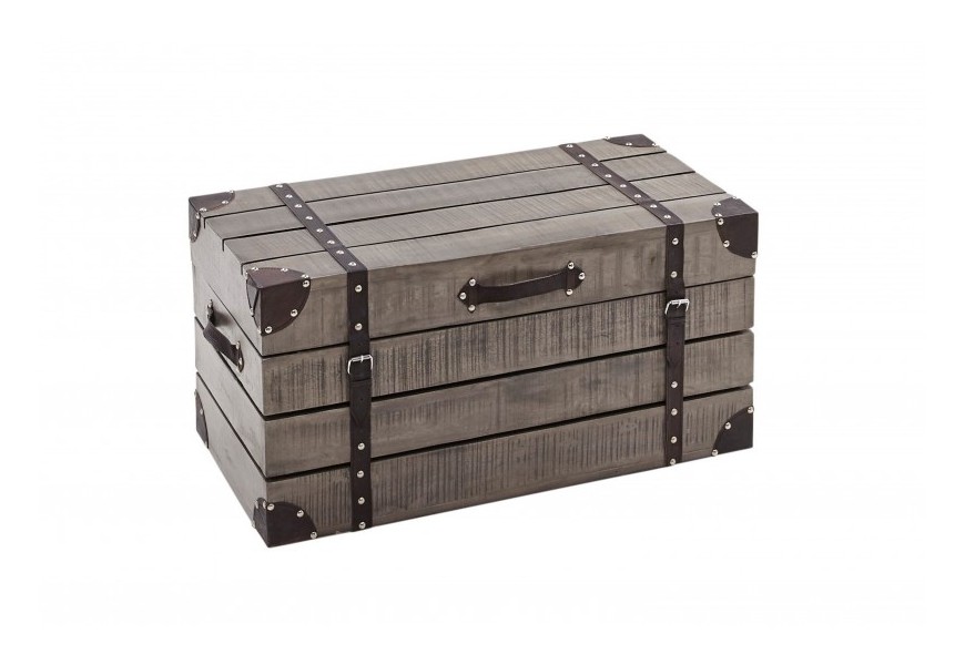 Štýlová industriálna truhlica z masívneho mangového dreva v sivom prevedení s úložným priestorom  a s koženými aplikáciami