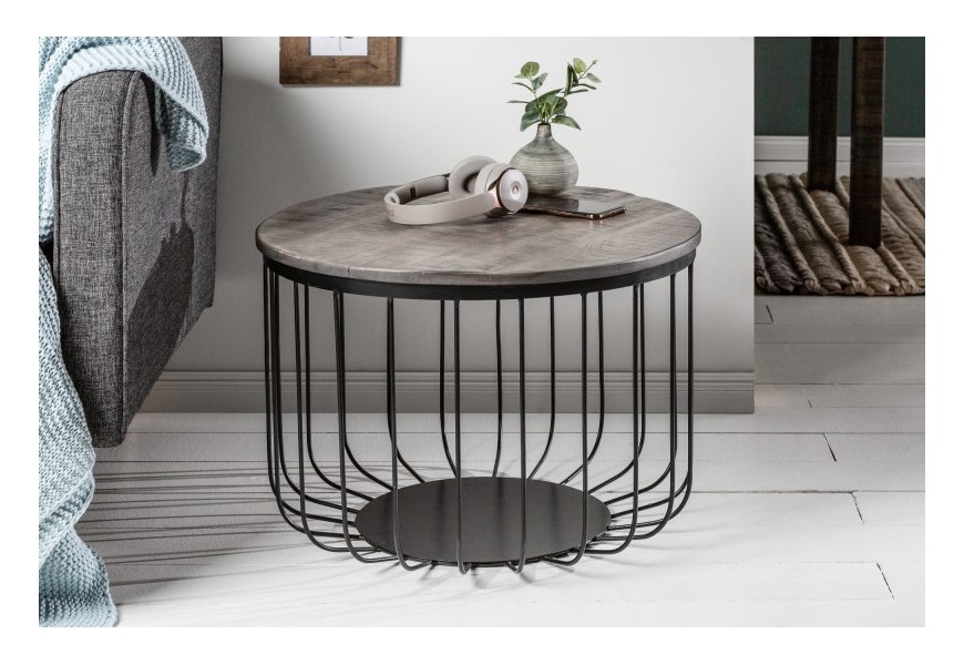 Luxusný industriálny okrúhly konferenčný stolík Storage industrial 56 cm šedý z masívu