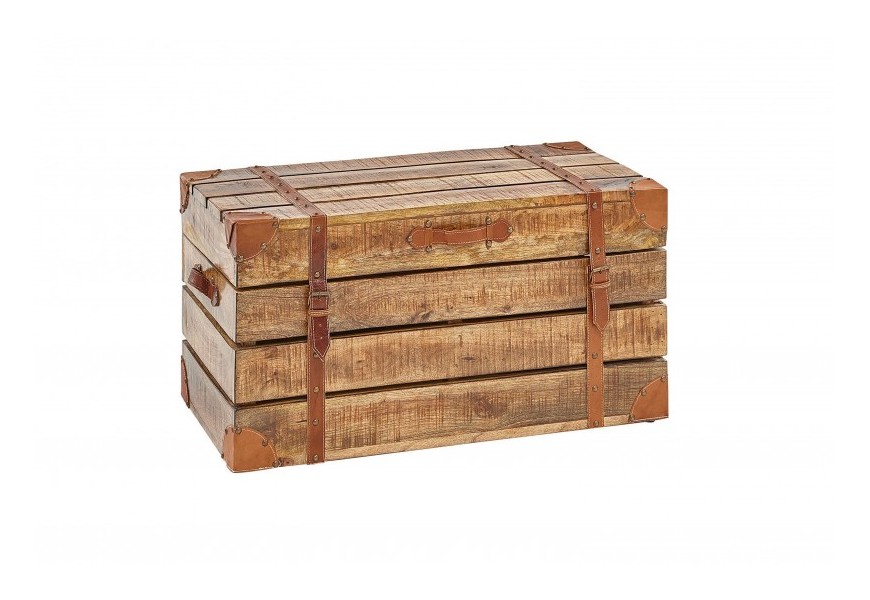 Štýlová industriálna truhlica z masívneho mangového dreva s úložným priestorom a s koženými aplikáciami