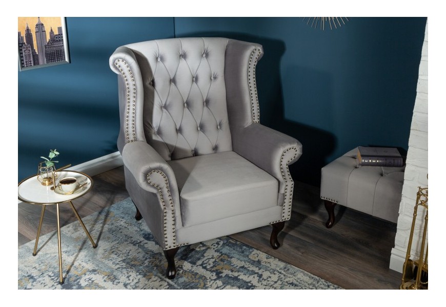 Zamatov&eacute; barokov&eacute; kreslo Maldon 105cm siv&eacute;