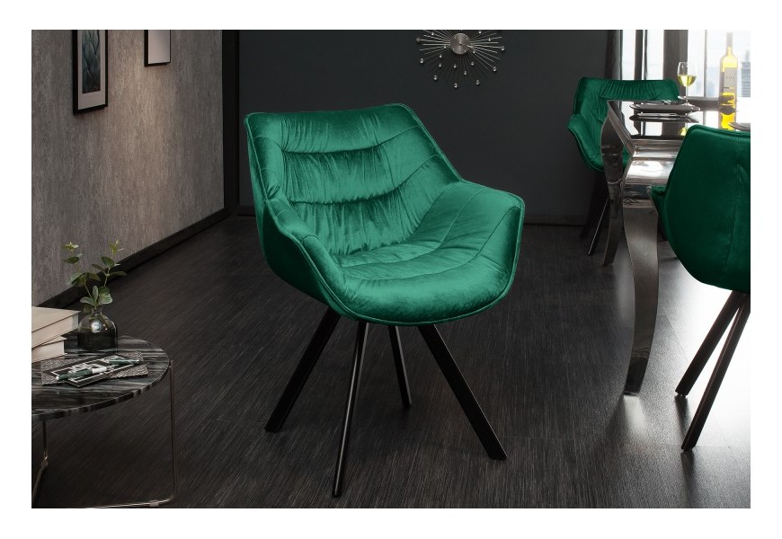 Štýlová retro stolička Antik v smaragdovozelenej farbe s poťahom z príjemného zamatu a s tmavohnedými nohami