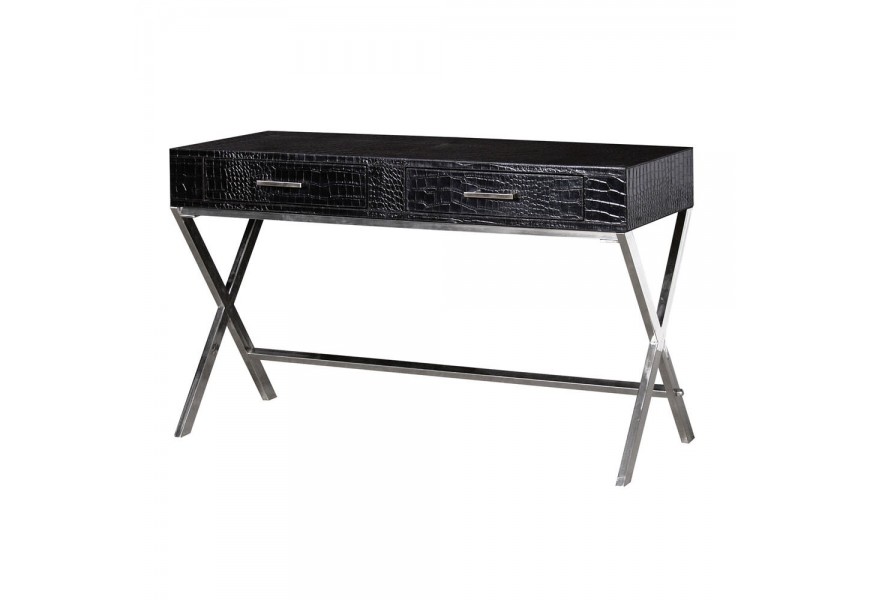 Jedinečná dizajnová konzola Vittoria s čalúnením s efektom krokodílej kože v lesklej čiernej farbe, s chrómovými nohami a s dvom