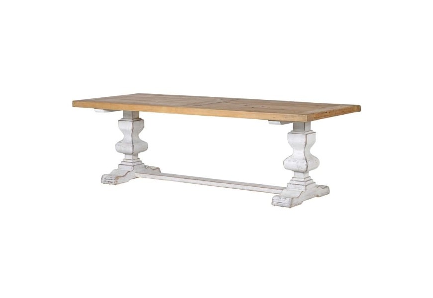 Vidiecky jedálenský stôl z masívu hnedej farby so zdobenými nohamy bielej vintage farby.