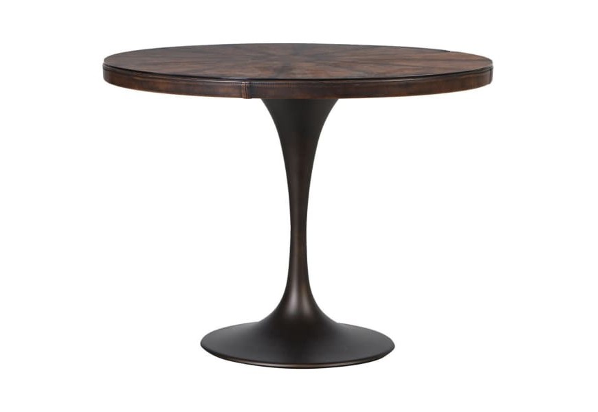 Okrúhly jedálenský stôl s hnedým koženým poťahom vrchnej dosky na tmavohnedej konštrukcii