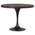Okrúhly jedálenský stôl s hnedým koženým poťahom vrchnej dosky na tmavohnedej konštrukcii