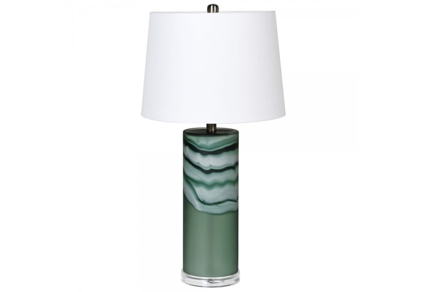 Vysoká zelená stolná lampa Minty zo skla s okrúhlym textilným tienidlom bielej farby.