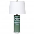 Vysoká zelená stolná lampa Minty zo skla s okrúhlym textilným tienidlom bielej farby.