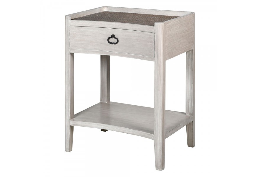 Vintage príručný stolík Celene I z dreva v bielych odtieňoch a obdĺžnikovou ratanovou odkladacou doskou