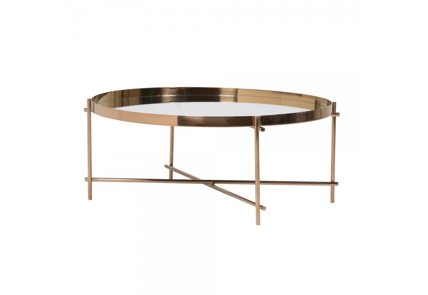 Jedinečný art-deco kruhový konferenčný stolík so zrkadlovým sklom a chrómovou konštrukciou v dizajnovej medenej farbe