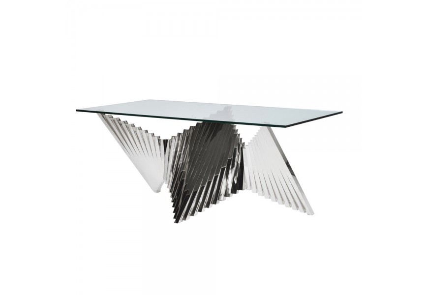 Exkluzívny chrómový jedálenský stôl Abstracta so sklenenou povrchovou doskou a s dizajnovou geometrickou konštrukciou z kovu