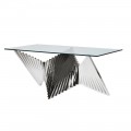 Exkluzívny chrómový jedálenský stôl Abstracta so sklenenou povrchovou doskou a s dizajnovou geometrickou konštrukciou z kovu
