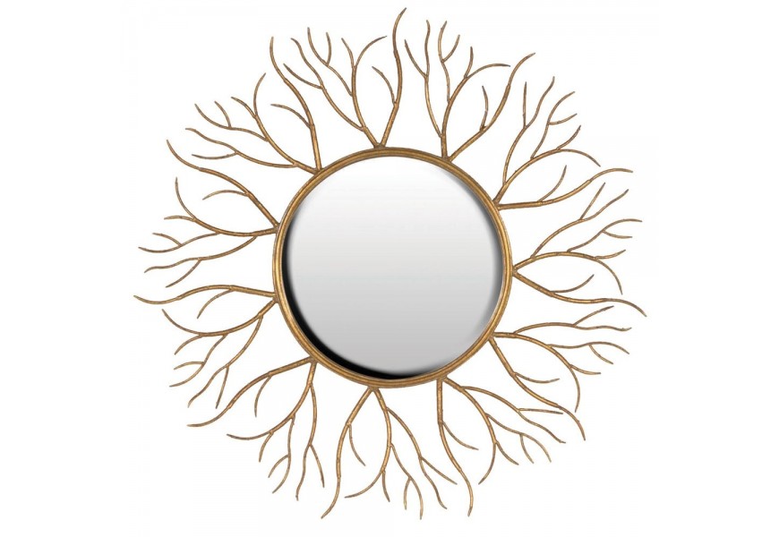 Štýlové nástenné kruhové zrkadlo Gold Twigs v art-deco štýle so zlatým kovovým rámom v tvare parožia