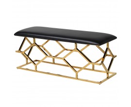 Art-deco zlatá lavica Rombo s geometrickými nohami a čiernym čalúnením 123cm