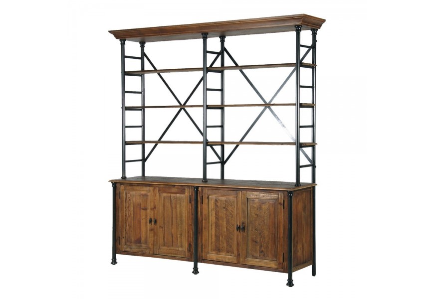 Industriálny regál Portio z masívu a kovu 220cm so šiestimi policami a dvomi skrinkami