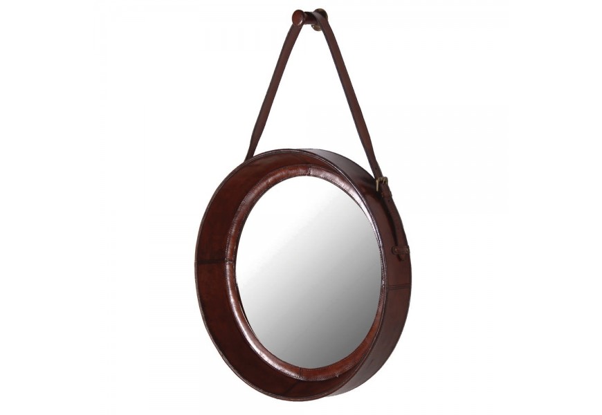 Koloniálne kožené závesné zrkadlo Pellia s rámom kruhového tvaru v hnedej farbe z MDF a kože a s koženým popruhom na zavesenie