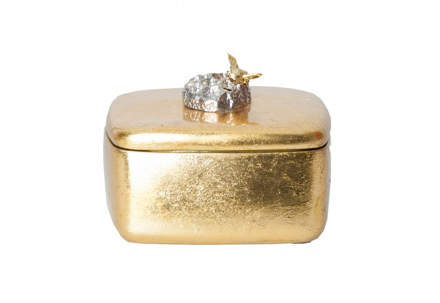 Glamour kovová zlatá dekoračná krabička Bee s lesklým povrchom so striebornou úchytkou a detailom v podobe zlatej včely