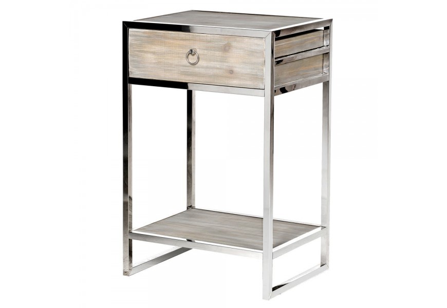 Chrómový dizajnový nočný stolík Denvero s konštrukciou z kovu a jedľového dreva so zásuvkou
