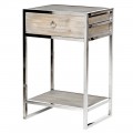 Chrómový dizajnový nočný stolík Denvero s konštrukciou z kovu a jedľového dreva so zásuvkou