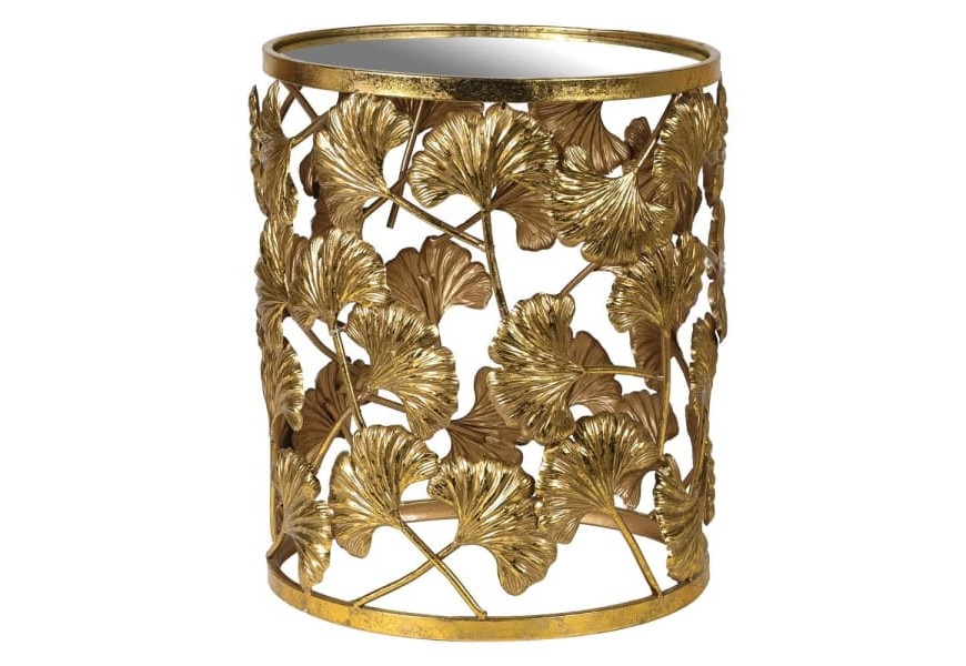 Dizajnový okrúhly príručný stolík zlatej farby so zrkadlovou  doskou a s kvetovaným dizajnom.