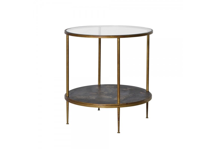 Jedinečný art-deco kruhový príručný stolík Gold Leaf II s florálnym dizajnom a so zlatou konštrukciou z kovu