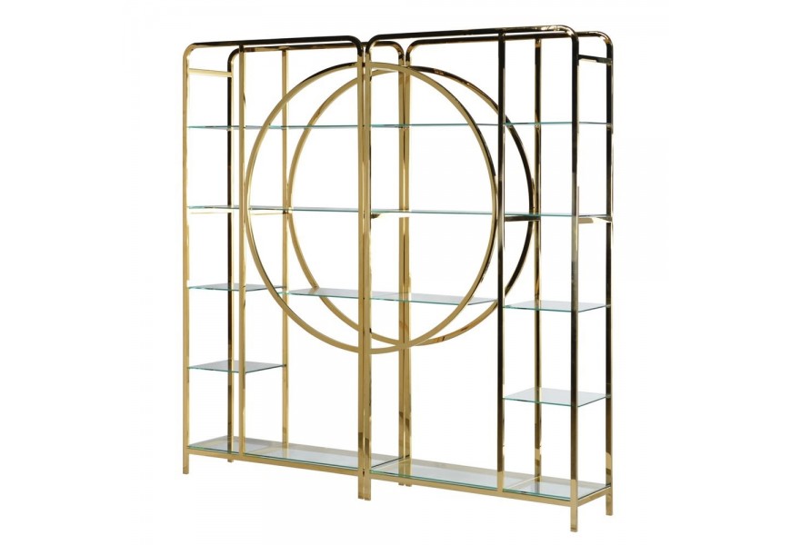 Art-deco luxusná knižnica Orfeo s konštrukciou z kovu v zlatej farbe s kruhovým vzorom a s poličkami  zo skla