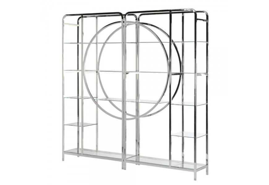 Chrómový art-deco regál Orfeo II so sklenenými poličkami, kovovu konštrukciou a s kruhovým tvarom uprostred
