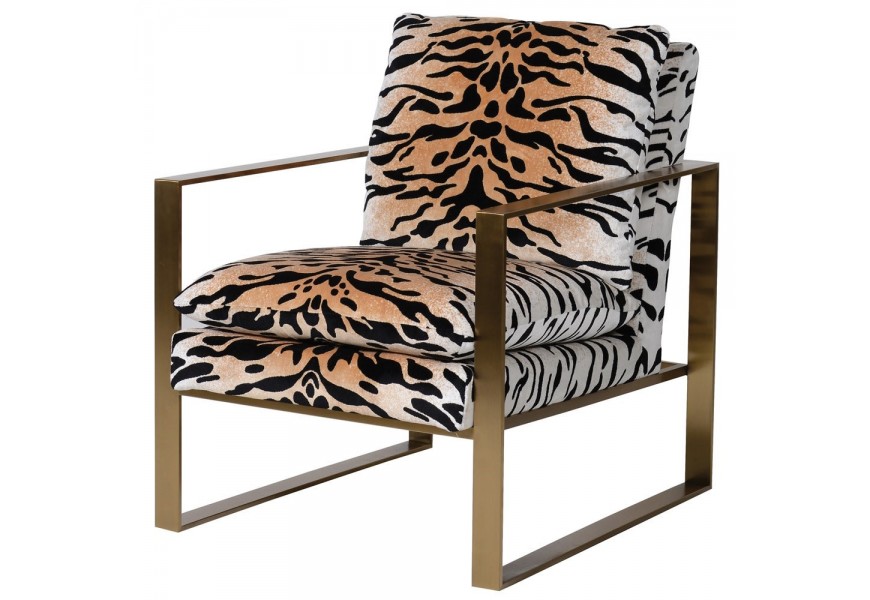 Hnedé retro kreslo Lugton so zlatými nohami a tigrím vzorom