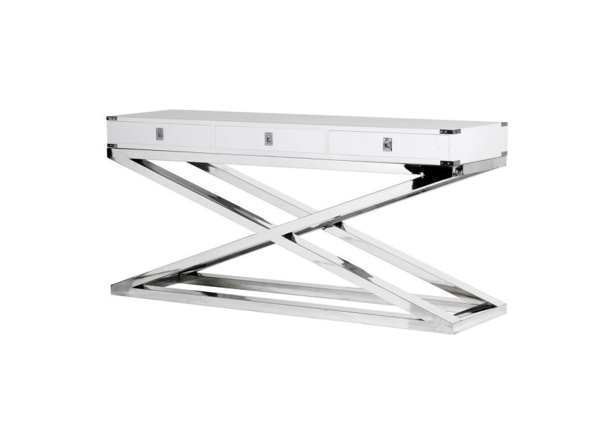 Luxusná honosná art-deco konzola Wielton Blanc s tromi zásuvkami bielej farby s chrómovou konštrukciou