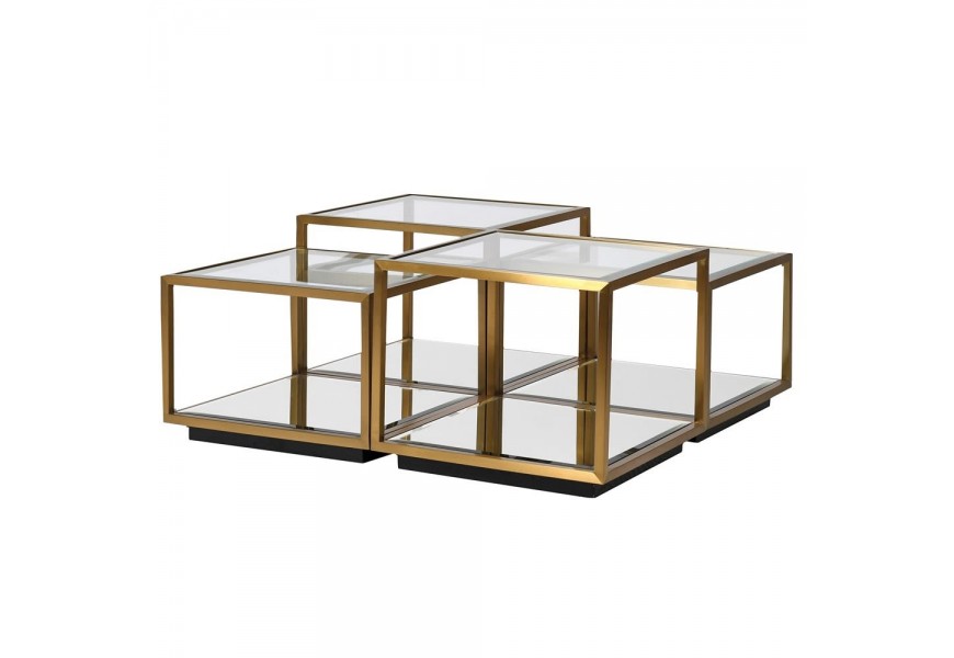 Stýlové Art-deco zlaté príručné stolíky Cuadrato so štvorcovou sklenenou a zrkadlovou odkladacou plochou.