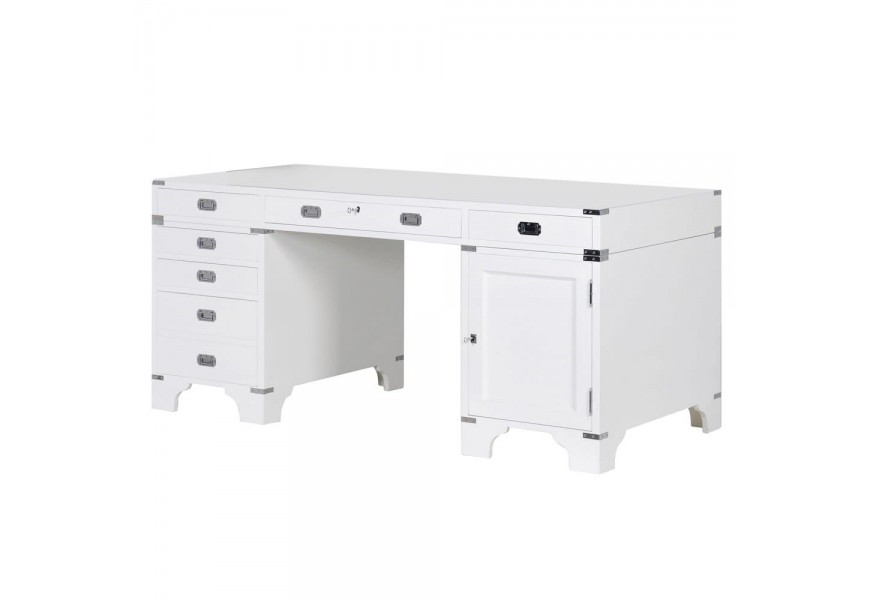 Lesklý kancelársky stôl Wielton Blanc z kombinácie masívu a MDF v bielom prevedení s kovovými prvkami a zásuvkami