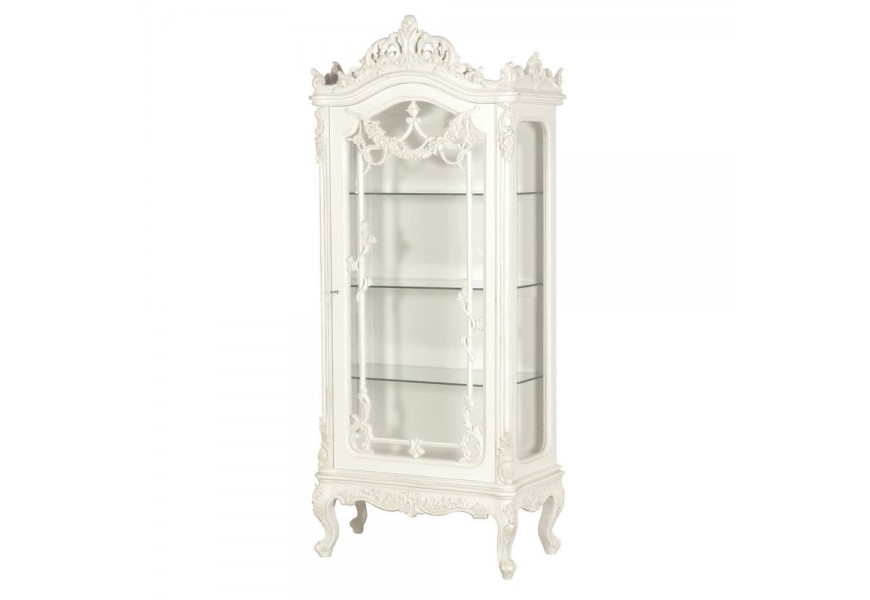 Biela provensálska vitrína z masívneho mahagónového dreva so sklenenými dvierkami a vnútornými policami