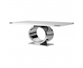 Jedálenský stôl Wielton Blanc s bielou povrchovou doskou z kombináciemasívu a MDF a s kovovou chrómovou konštrukciou
