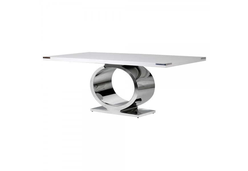Jedálenský stôl Wielton Blanc s bielou povrchovou doskou z kombináciemasívu a MDF a s kovovou chrómovou konštrukciou